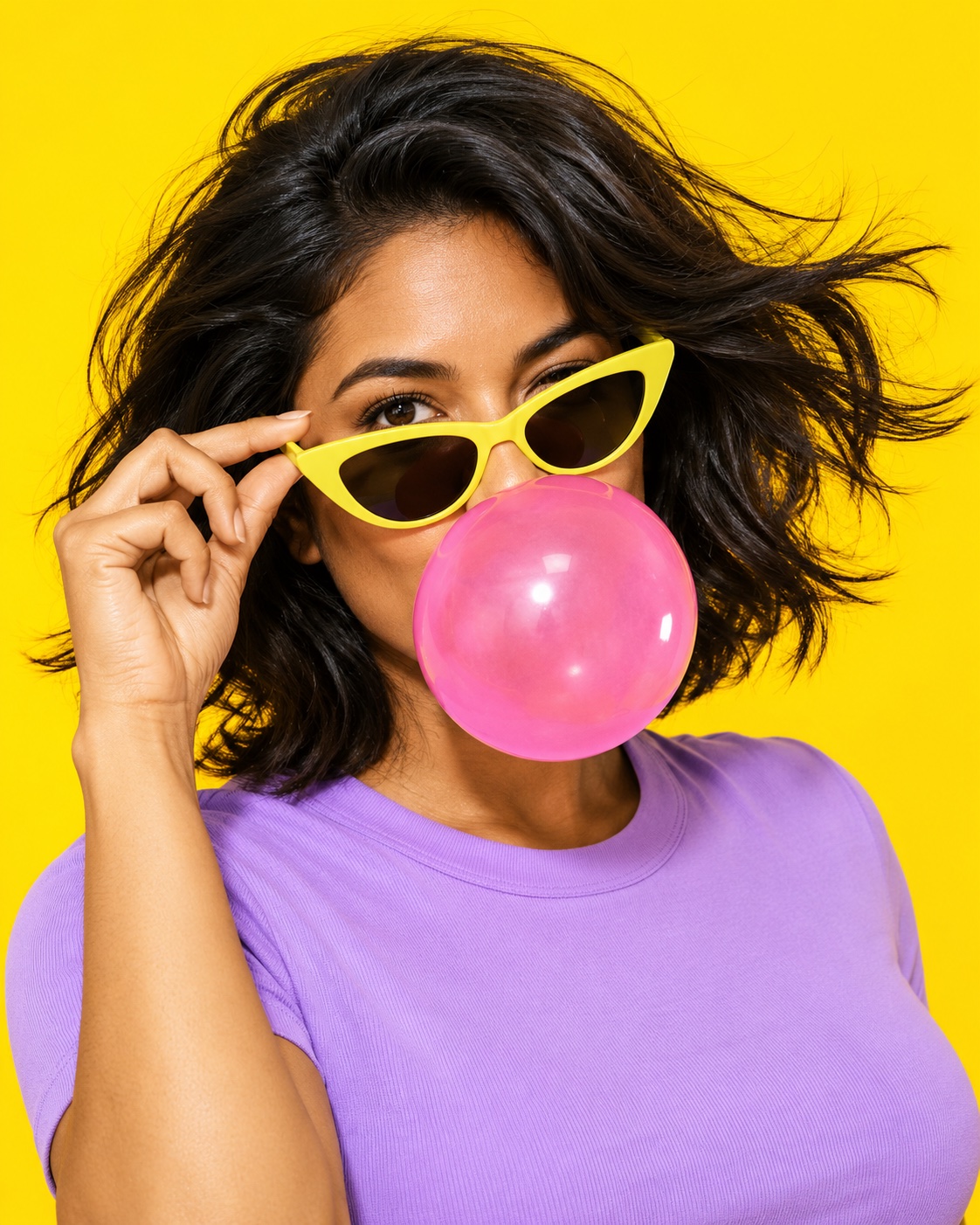 Pop culture campaign concept: a woman in yellow sunglasses blowing pink bubblegum
